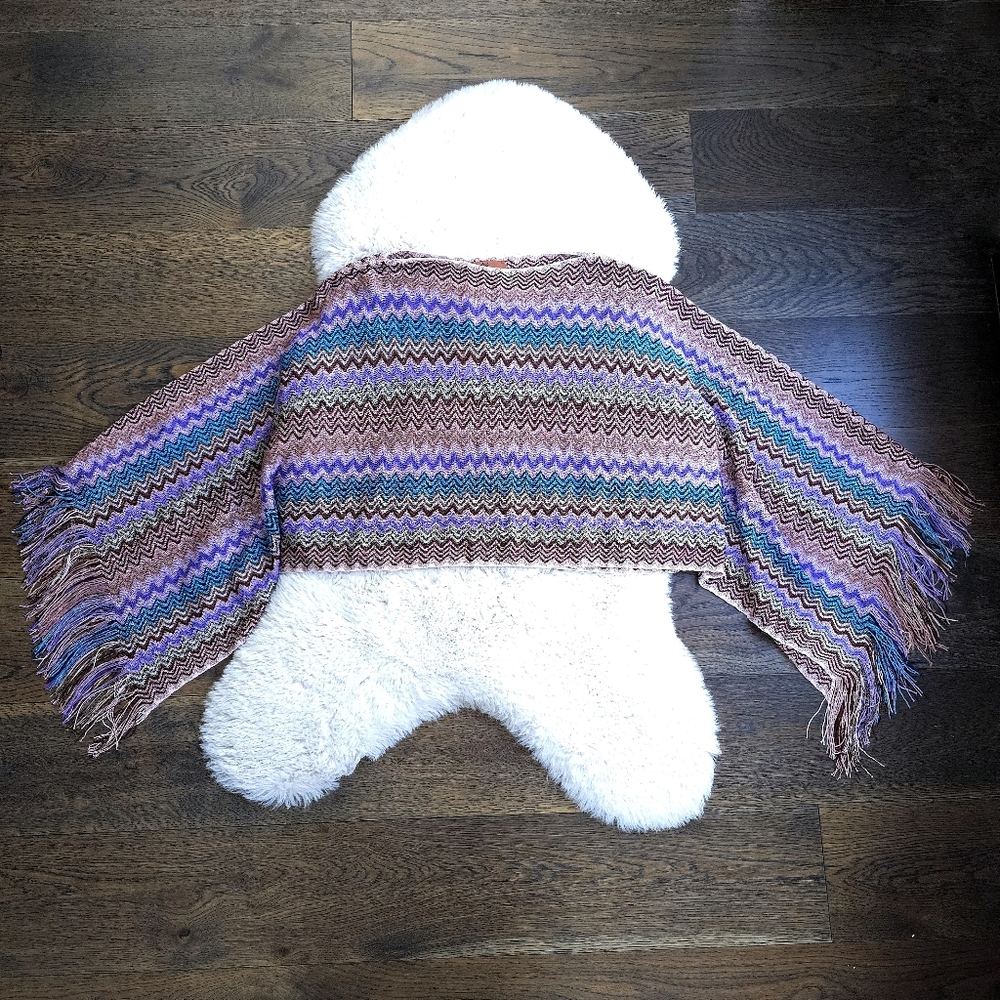 Missoni Bohemian Chevron Zigzag Purple Knit Fringe Poncho